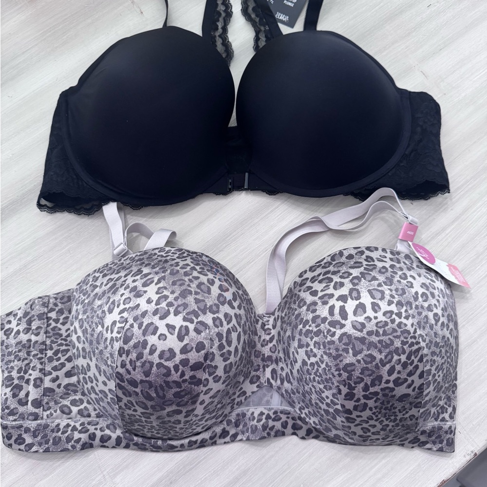 Lane Bryant Black Smooth Bra & Gray Leopard T-Shirt Bra Duo
